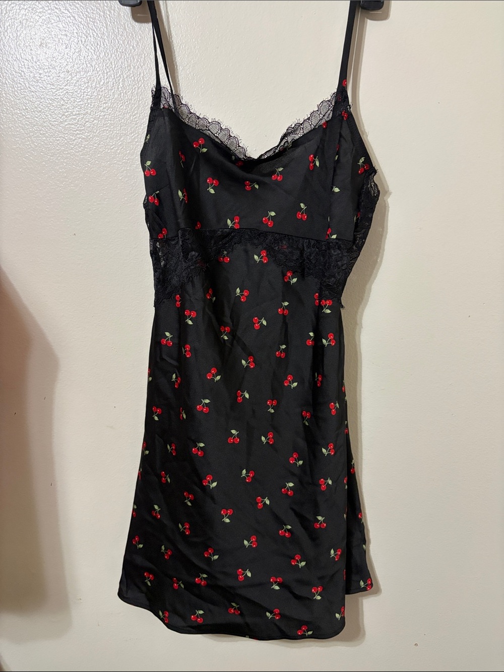 Forever 21 Black Satin Cherry-Print Slip with Lace Trim